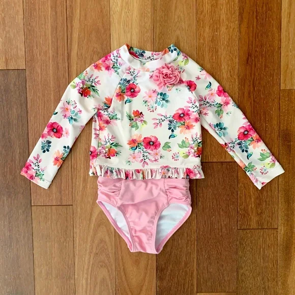 Baby Toddler Little Me Pink Floral Ruffle 2 Piece Swimsuit Rashguard 24 Months - Picture 1 of 3